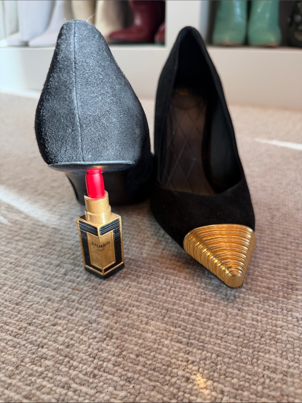Black Balmain lipstick heels with Gold Pointed Toe Accent